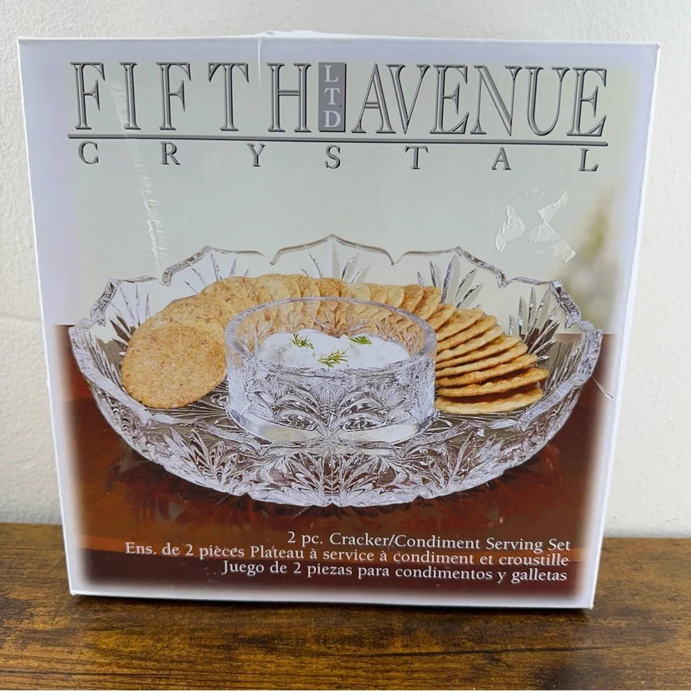 Fifth Avenue Crystal Portico 2pc Cracker & Condiment Serving Set New In Box
